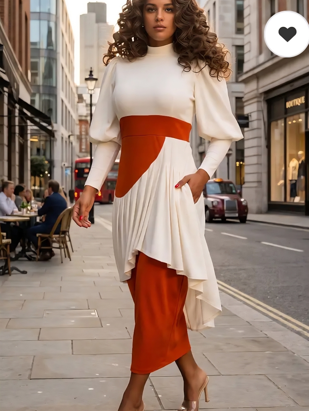 Elegant Ivory and Rust Asymmetric Pleated Midi Dress